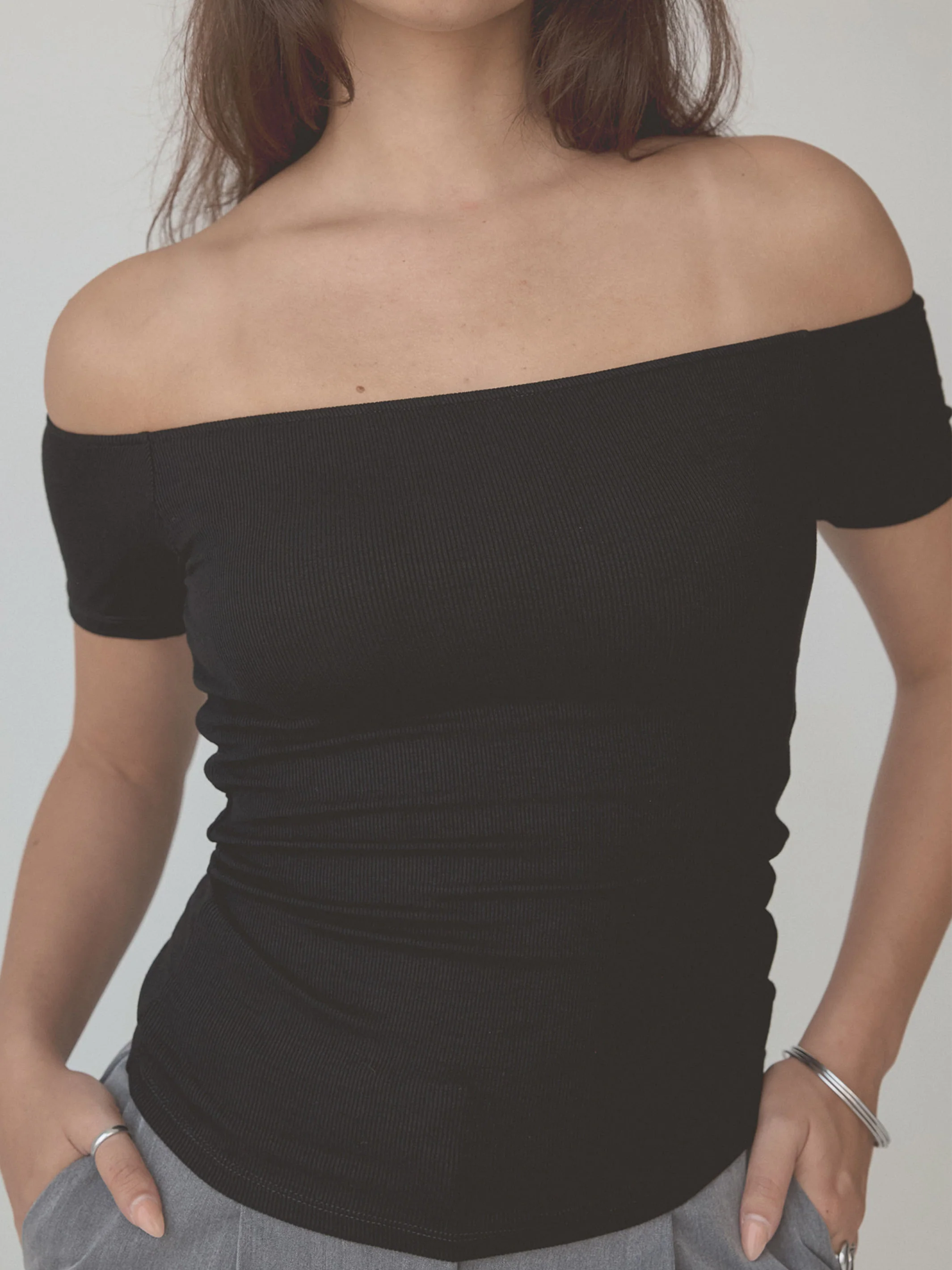 Ribbed Off The Shoulder Braless Short Sleeve - Image 10