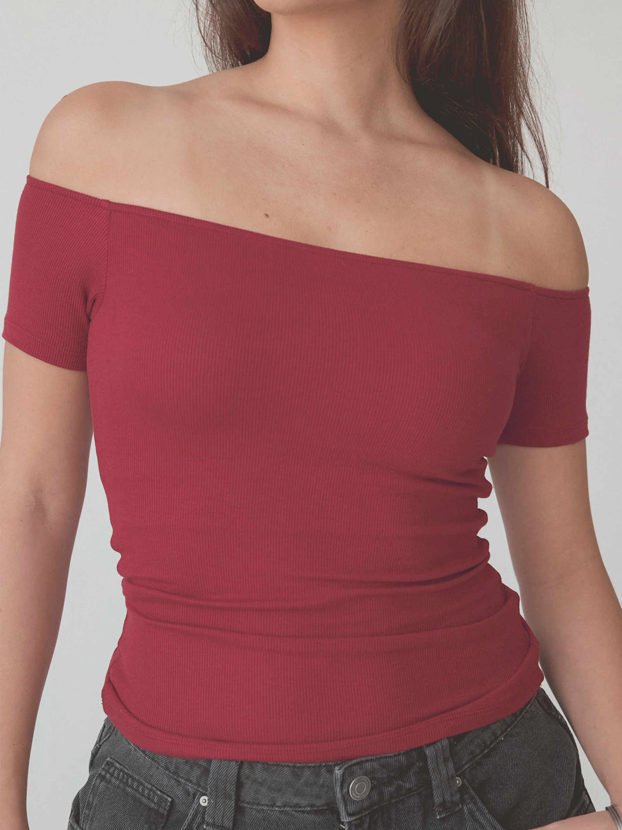 Ribbed Off The Shoulder Braless Short Sleeve - Image 13