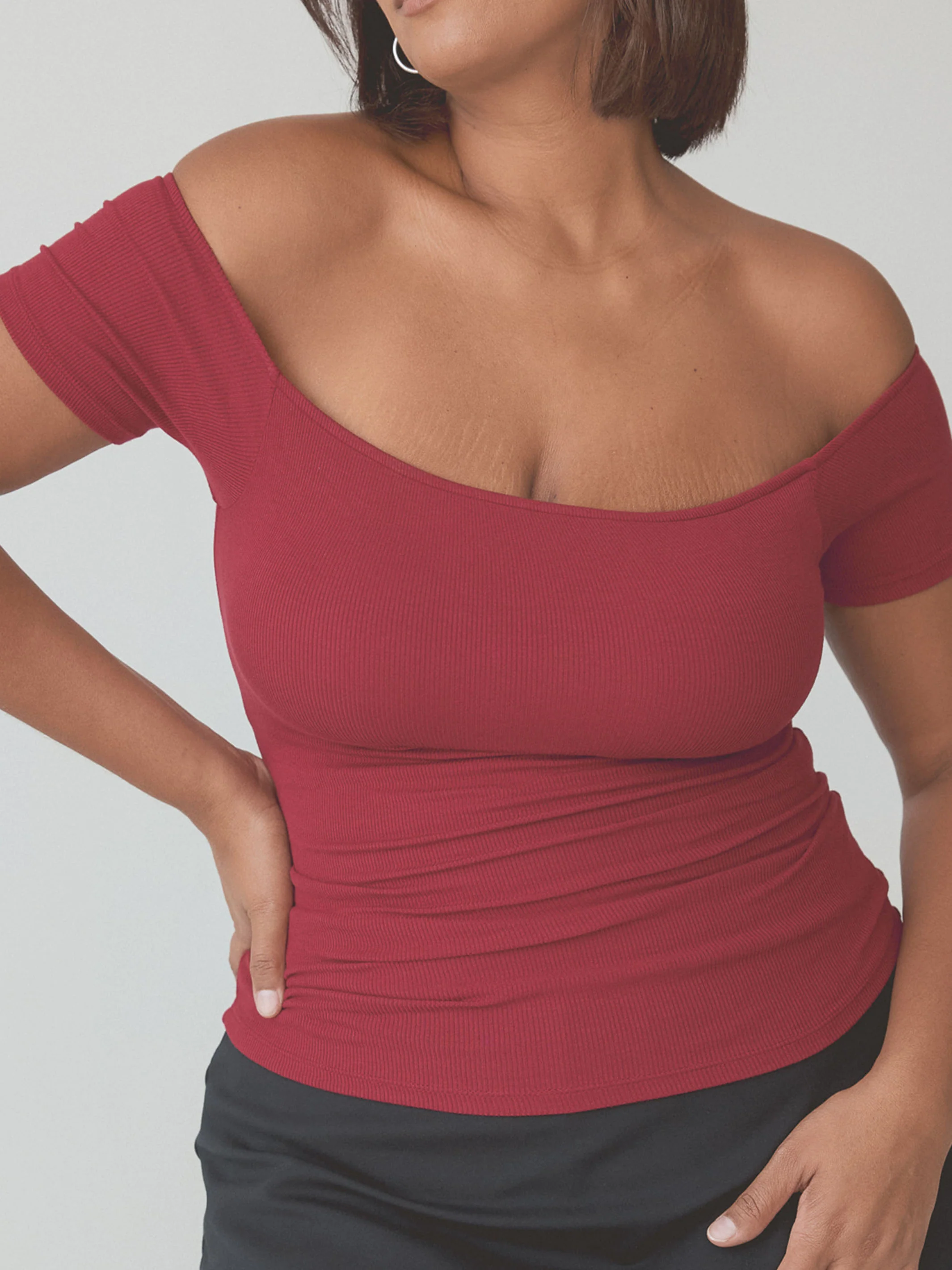 Ribbed Off The Shoulder Braless Short Sleeve - Image 17