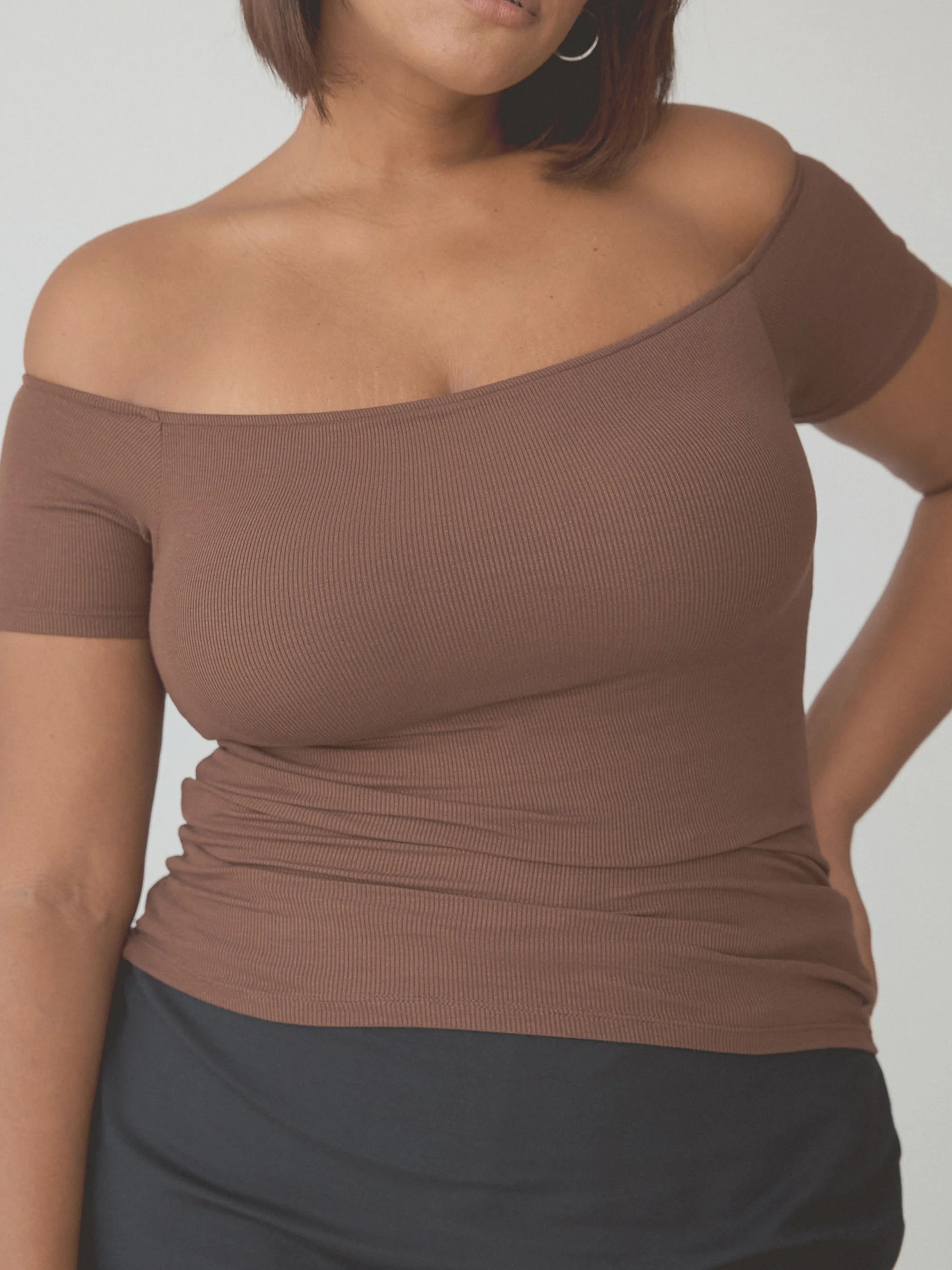 Ribbed Off The Shoulder Braless Short Sleeve - Image 6